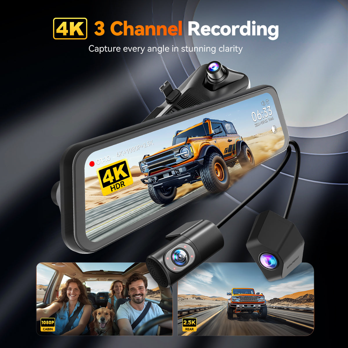 WOLFBOX G900TriPro 4K+2.5K+1080P 3 Channel Cabin Parking Monitor Mirror Dash Cam
