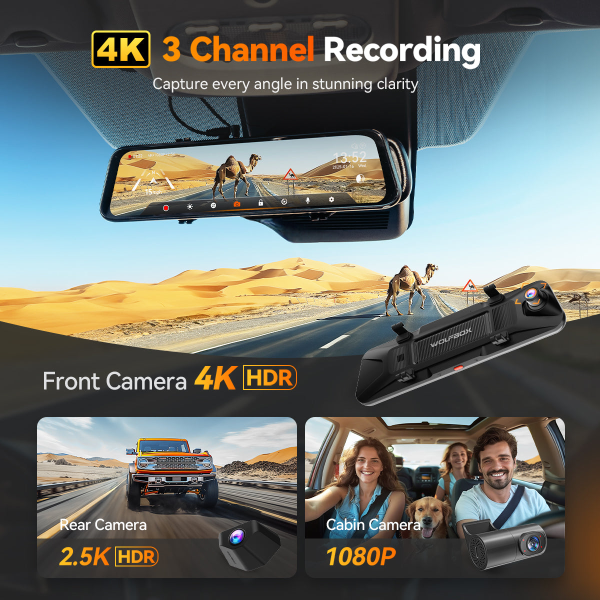 WOLFBOX G900TriPro 4K+2.5K+1080P 3 Channel Cabin Parking Monitor Mirror Dash Cam