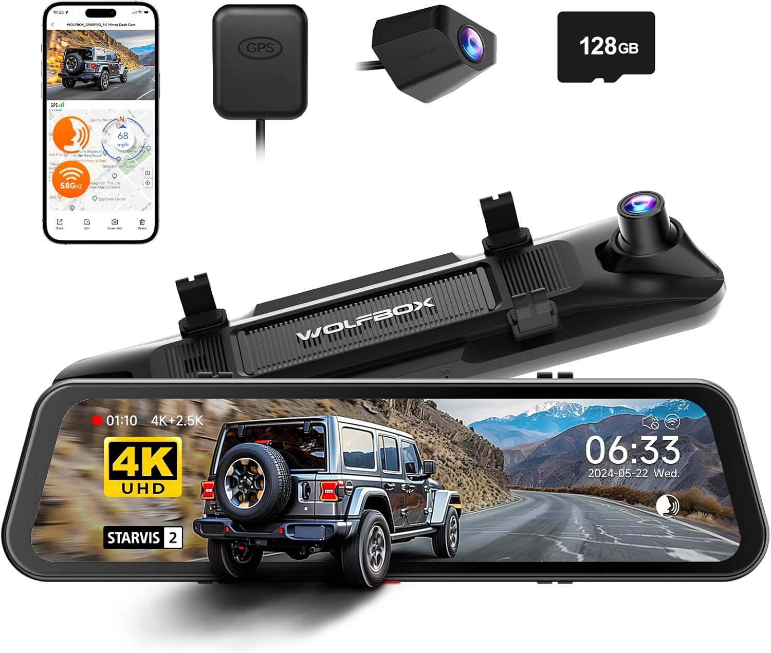 WOLFBOX G900Pro 12MP Touch Screen WiFi  Rear View Mirror Dash Cam